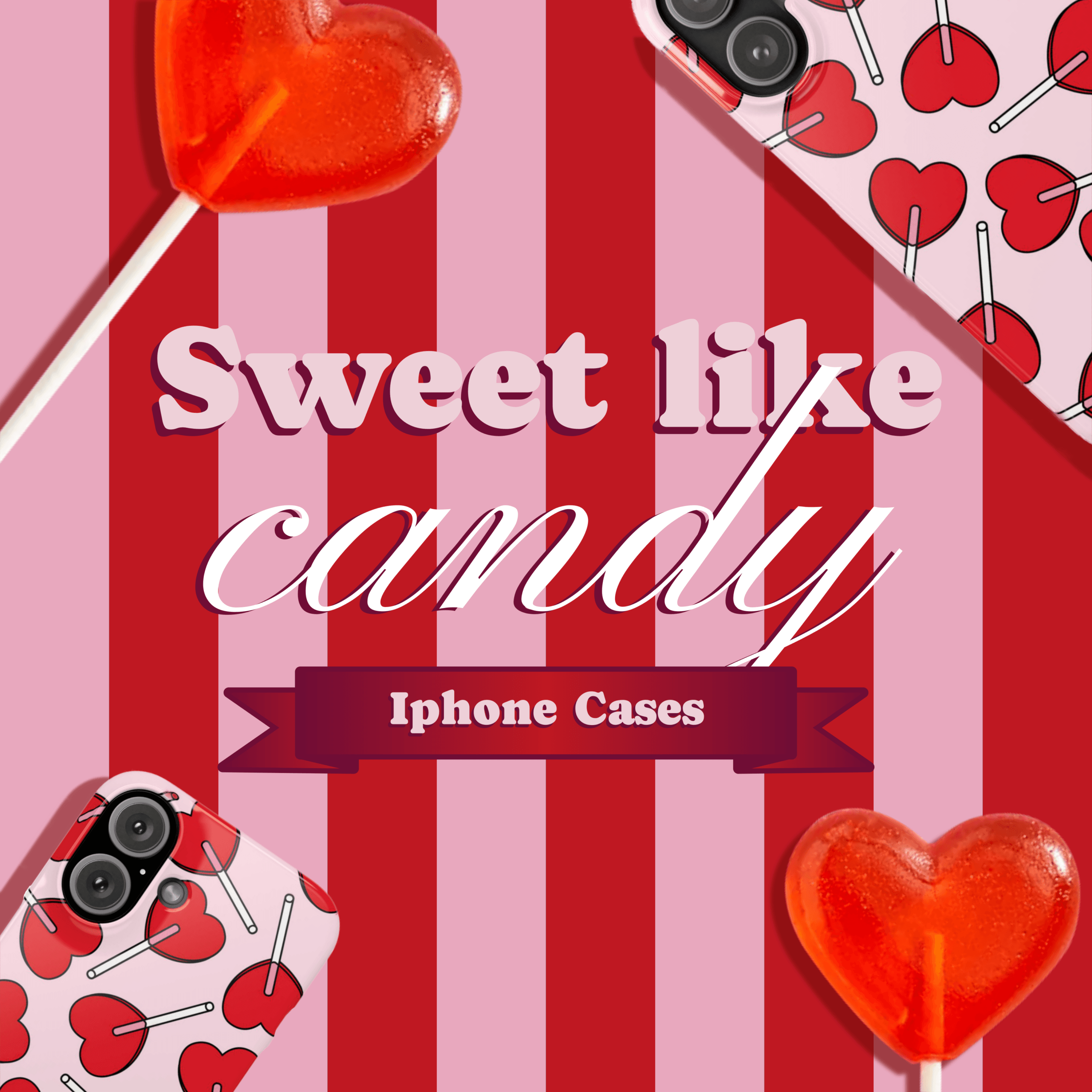 Lollipop Love Heart Pattern Pink Iphone Case For Iphone 13, 14, 15, 16, 17